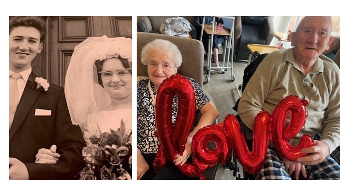 Side‑by‑side photos of Margaret and David Beynon: their 1962 wedding portrait and a recent picture of the couple at Peniel Green Care Home.
