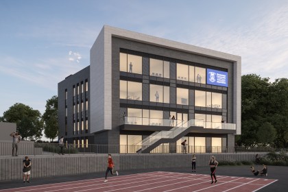 Night‑time architectural rendering of the National Institute for Sport and Health at Sketty Lane, showing the illuminated glass building and surrounding track.