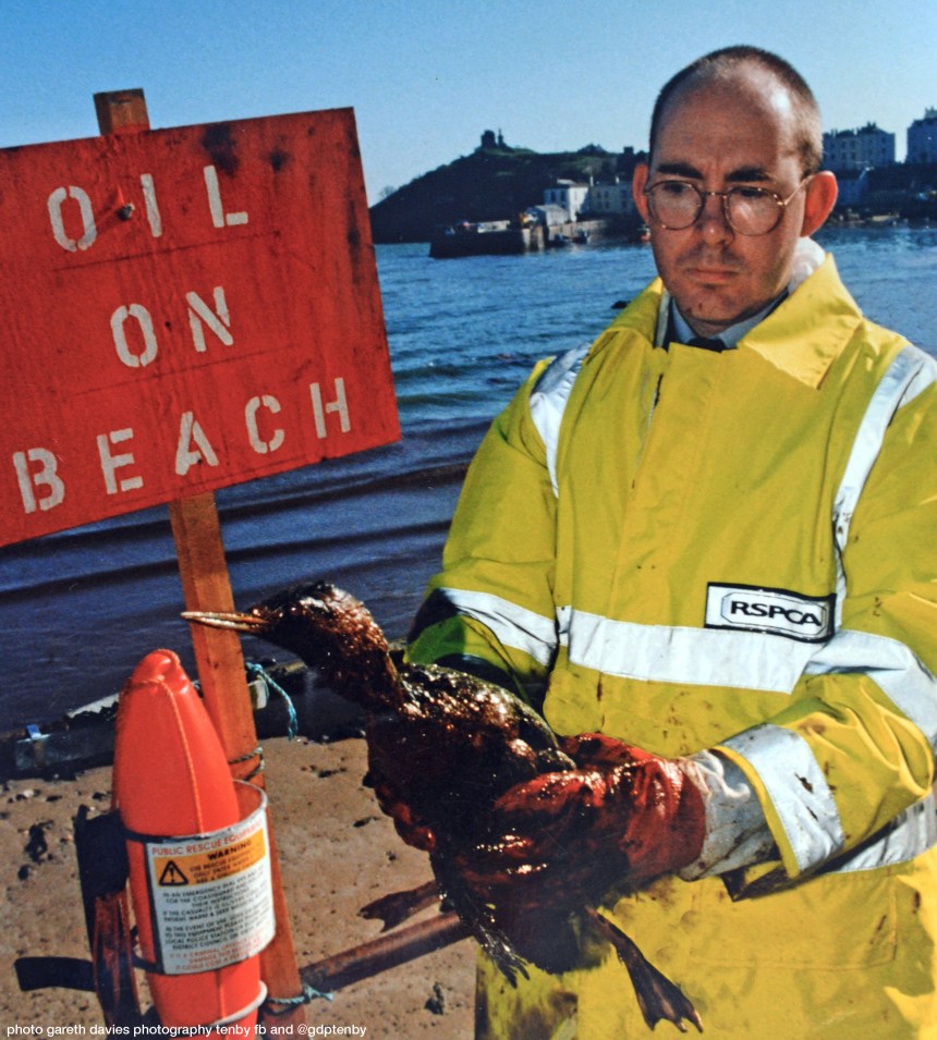 RSPCA Inspector Neil Tysall standing on the shoreline in Tenby during the Sea Empress response operation.