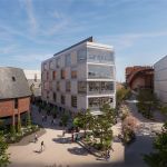 A modern architectural CGI rendering of the proposed new office development at the former St David’s Shopping Centre site in Swansea, featuring a multi-story glass building with contemporary landscaping and pedestrian areas.