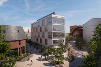 A modern architectural CGI rendering of the proposed new office development at the former St David’s Shopping Centre site in Swansea, featuring a multi-story glass building with contemporary landscaping and pedestrian areas.