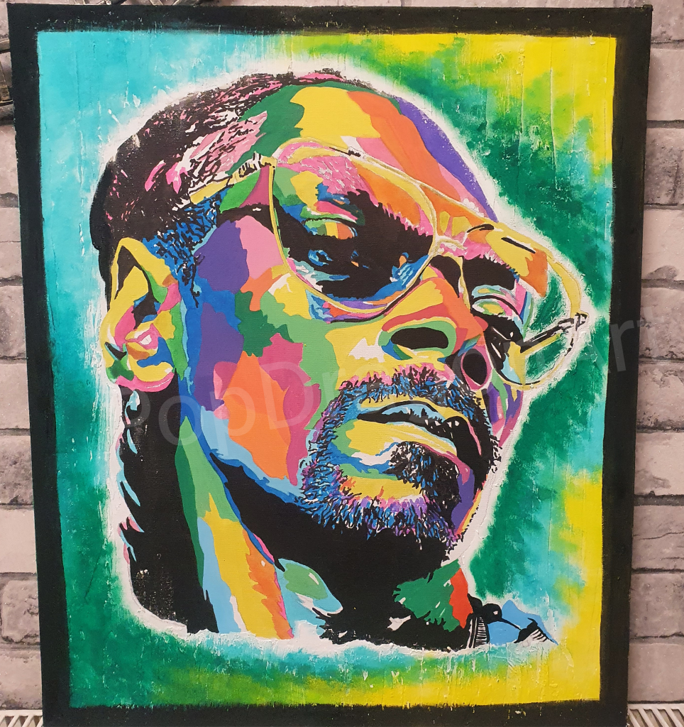 Close‑up view of a colourful pop‑art portrait of Snoop Dogg painted by Swansea artist Ian Hendry for the Six Degree Artist project.