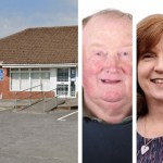 Composite image showing Meddygfa’r Sarn GP surgery in Pontyates and three portrait photographs of local representatives.