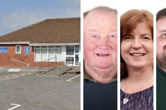 Composite image showing Meddygfa’r Sarn GP surgery in Pontyates and three portrait photographs of local representatives.