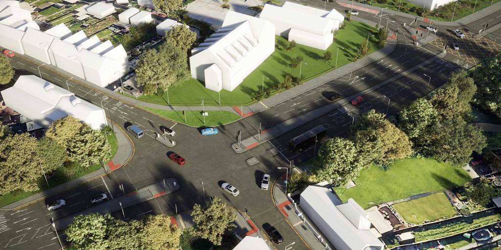 Artist’s impression of the A4138 Halfway junction in Llanelli, highlighting proposed walking and cycling paths and a new bus gate.