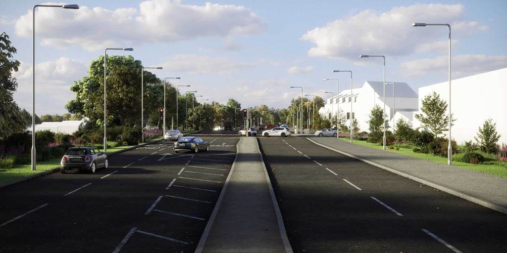 Visual rendering of the proposed A4138 Halfway junction upgrade in Llanelli, featuring road widening, pedestrian crossings and cycling infrastructure.
