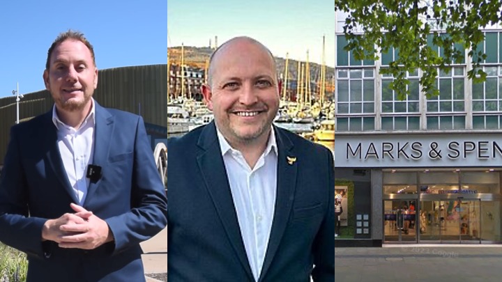 Rob Stewart and Sam Bennett with Marks and Spencer Swansea store