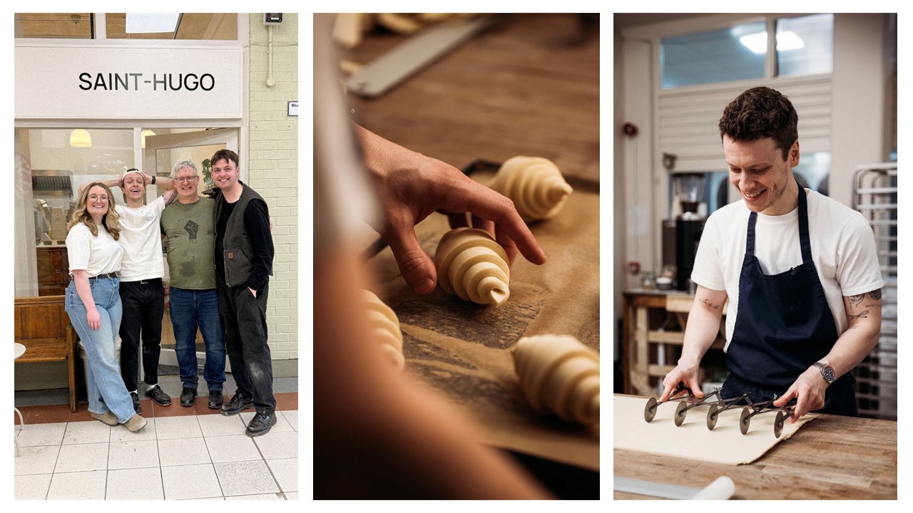 Three images showing Saint Hugo Bakery: staff standing outside Llanelli Market storefront, close-up of hands shaping croissant dough, and Benjamin Condé in white t-shirt and blue apron preparing pastries in the bakery