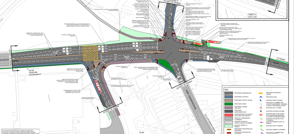 Engineering map by AtkinsRéalis detailing planned improvements to the A4138 Halfway junction in Llanelli, featuring lane modifications, pedestrian infrastructure and Active Travel links.