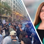 Split image of an ICE protest in Chicago with police and demonstrators, and a portrait of Sioned Williams MS, illustrating her call for stronger human rights protections in Wales.