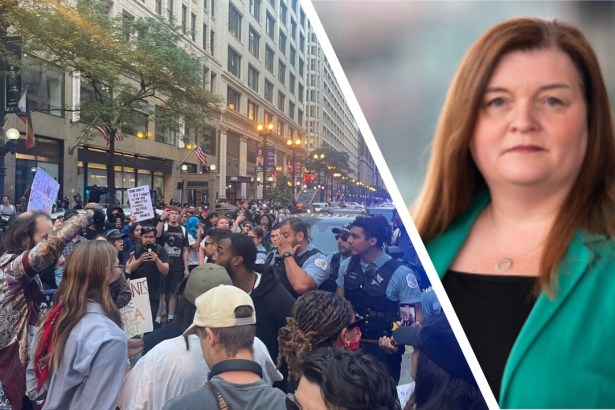 Split image of an ICE protest in Chicago with police and demonstrators, and a portrait of Sioned Williams MS, illustrating her call for stronger human rights protections in Wales.