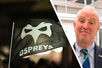 Split image showing an Ospreys flag alongside Neath Port Talbot Council leader Steve Hunt.