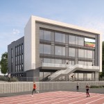 Daytime architectural rendering of the planned National Institute for Sport and Health at Sketty Lane, with a modern glass building overlooking the athletics track.