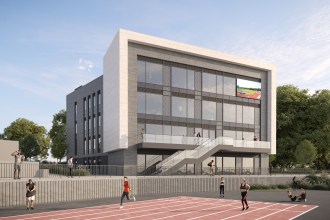 Daytime architectural rendering of the planned National Institute for Sport and Health at Sketty Lane, with a modern glass building overlooking the athletics track.