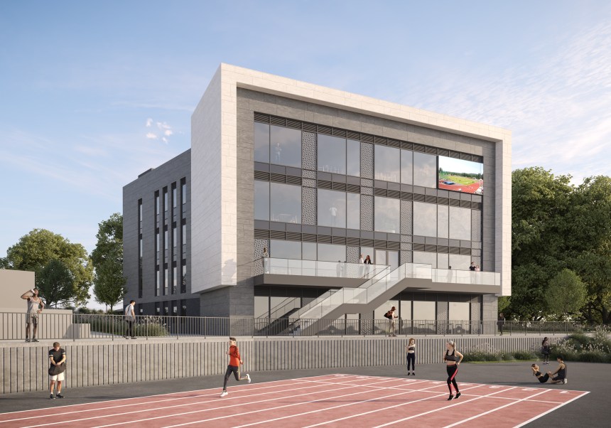 Daytime architectural rendering of the planned National Institute for Sport and Health at Sketty Lane, with a modern glass building overlooking the athletics track.