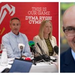 WRU Chairman Richard Collier-Keywood and CEO Abi Tierney at press conference alongside Rob Regan former Principality Building Society COO challenging Welsh Rugby Union leadership