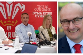 WRU Chairman Richard Collier-Keywood and CEO Abi Tierney at press conference alongside Rob Regan former Principality Building Society COO challenging Welsh Rugby Union leadership
