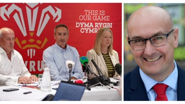 WRU Chairman Richard Collier-Keywood and CEO Abi Tierney at press conference alongside Rob Regan former Principality Building Society COO challenging Welsh Rugby Union leadership