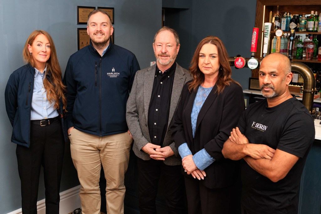 Group photo inside Y Seren Hotel showing Harlech Foodservice representatives Kim Williams and Gavin Davies with owners Tudur and Andrea Williams and head chef Navi Mudaly.