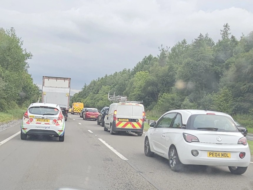 A photograph taken from inside a stationary vehicle on a dual carriageway, showing a queue of cars, vans and a lorry backed up ahead. A yellow recovery vehicle is visible further up the road. Dense green trees line both sides of the carriageway under an overcast sky.