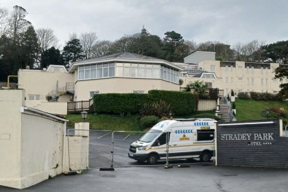 Stradey Park Hotel in Llanelli closed with security van parked outside the entrance after the sudden shutdown of the Carmarthenshire hotel.