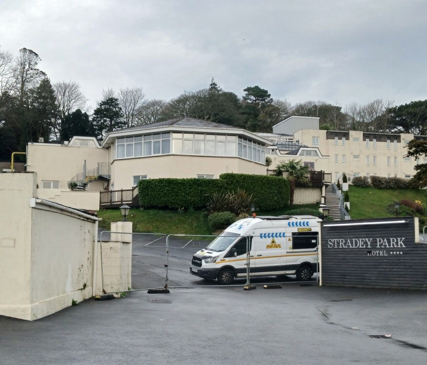 Stradey Park Hotel in Llanelli closed with security van parked outside the entrance after the sudden shutdown of the Carmarthenshire hotel.