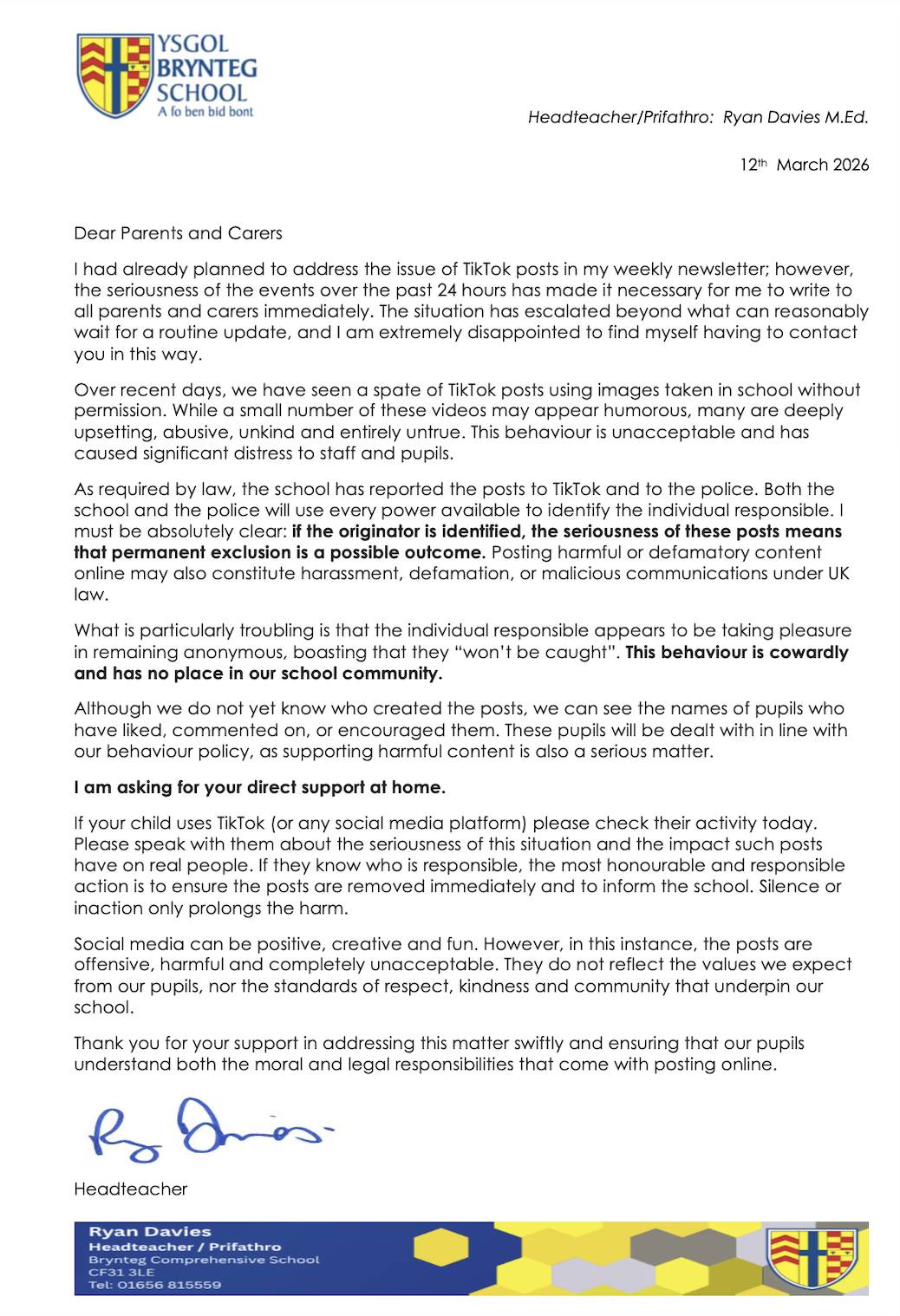 Letter from Brynteg School headteacher Ryan Davies to parents warning about abusive TikTok posts involving images taken inside the Llanelli school.