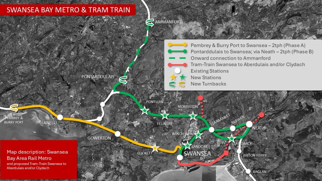 Proposed Swansea Bay Metro and tram-train routes showing new stations, connections and future expansion plans across the region.