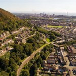 Port Talbot from above with the town's steelworks in the distance