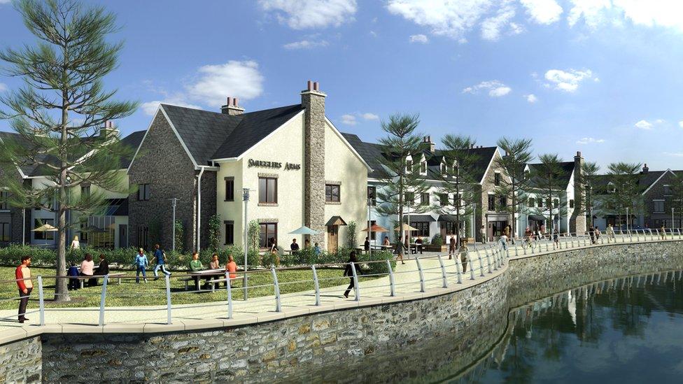 Artist impression of redeveloped Burry Port Harbour showing waterfront homes, walkway and public spaces