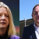 A split-screen image showing WRU CEO Abi Tierney, a woman with blonde hair in a purple jacket, and Swansea Council Leader Rob Stewart, a man with short brown hair in a blue suit.