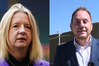 A split-screen image showing WRU CEO Abi Tierney, a woman with blonde hair in a purple jacket, and Swansea Council Leader Rob Stewart, a man with short brown hair in a blue suit.