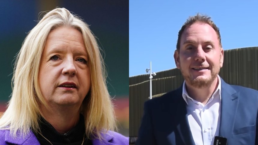 A split-screen image showing WRU CEO Abi Tierney, a woman with blonde hair in a purple jacket, and Swansea Council Leader Rob Stewart, a man with short brown hair in a blue suit.