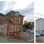 A two-part montage. On the left, a red brick historic building on a sloping street in Swansea. On the right, a small private car park with several vehicles parked in front of a white wall with graffiti.