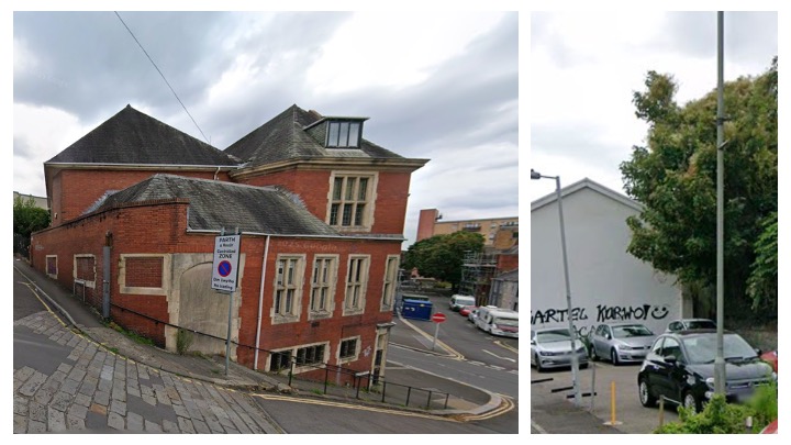 A two-part montage. On the left, a red brick historic building on a sloping street in Swansea. On the right, a small private car park with several vehicles parked in front of a white wall with graffiti.