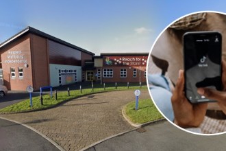 Exterior of Brynteg School in Llanelli with a graphic showing the TikTok app, after the school warned pupils over abusive social media posts.