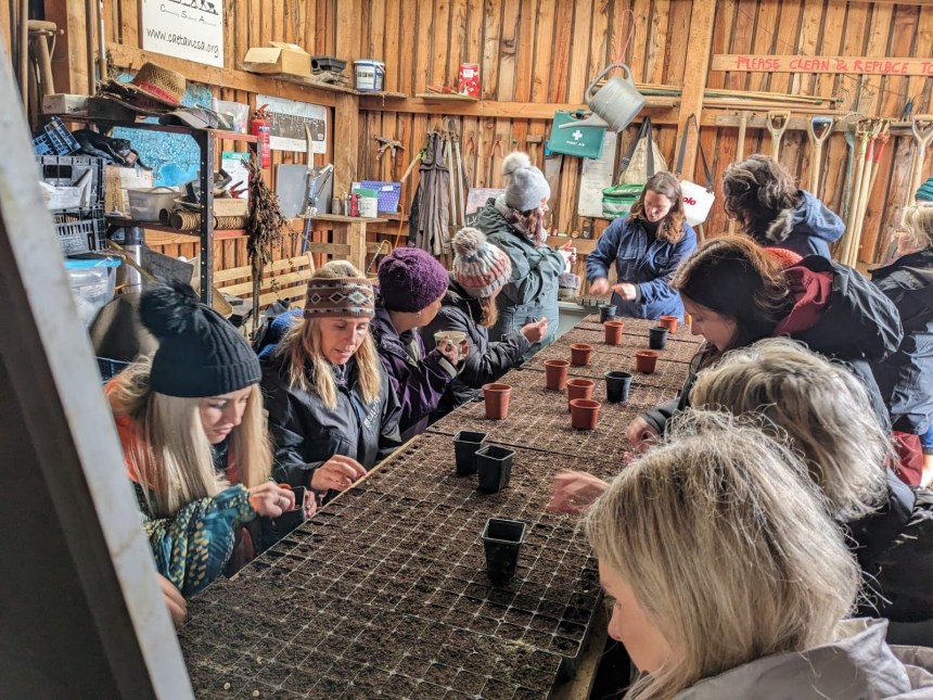 A group of people gathered around a wooden table inside a rustic shed, carefully planting seeds into small black plastic pots.