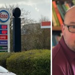 Esso fuel station sign showing unleaded at 153.9p and diesel at 180.9p, with a 30mph sign nearby. Beside it, a portrait of Carl Peters‑Bond indoors in front of bookshelves.