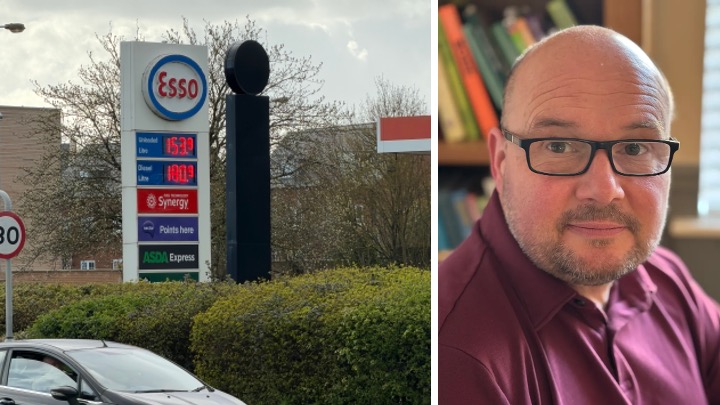 Esso fuel station sign showing unleaded at 153.9p and diesel at 180.9p, with a 30mph sign nearby. Beside it, a portrait of Carl Peters‑Bond indoors in front of bookshelves.
