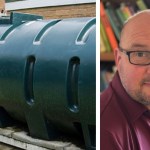 A domestic heating oil tank outside a rural home alongside a portrait of Carl Peters-Bond, highlighting the heating cost crisis in Carmarthenshire.