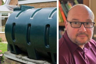 A domestic heating oil tank outside a rural home alongside a portrait of Carl Peters-Bond, highlighting the heating cost crisis in Carmarthenshire.