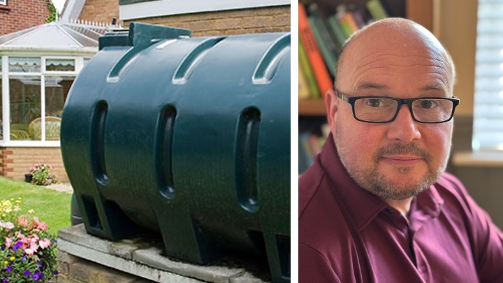A domestic heating oil tank outside a rural home alongside a portrait of Carl Peters-Bond, highlighting the heating cost crisis in Carmarthenshire.