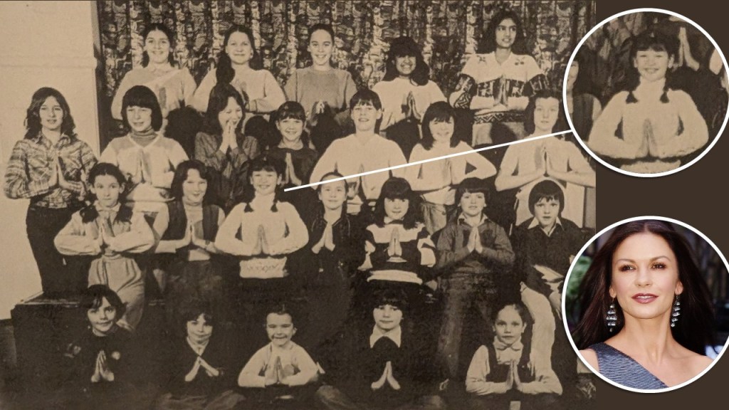 Archive group photo showing Catherine Zeta‑Jones as a child performer in an SAOS production, highlighted with a zoomed‑in inset.