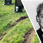 A montage showing deep tyre tracks running across the grass between graves at Coedffranc Cemetery in Skewen on the left, and a black and white portrait photo of Liam Jordan Thomas, a smiling teenage boy in a tuxedo, on the right.