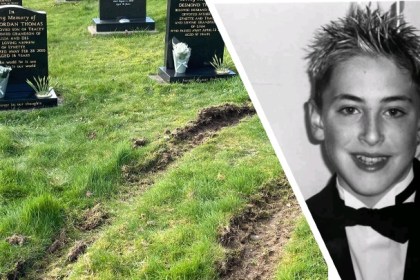 A montage showing deep tyre tracks running across the grass between graves at Coedffranc Cemetery in Skewen on the left, and a black and white portrait photo of Liam Jordan Thomas, a smiling teenage boy in a tuxedo, on the right.