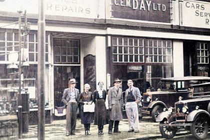 Historic black and white photo of Day’s Motor Group’s original Swansea garage in the early 20th century