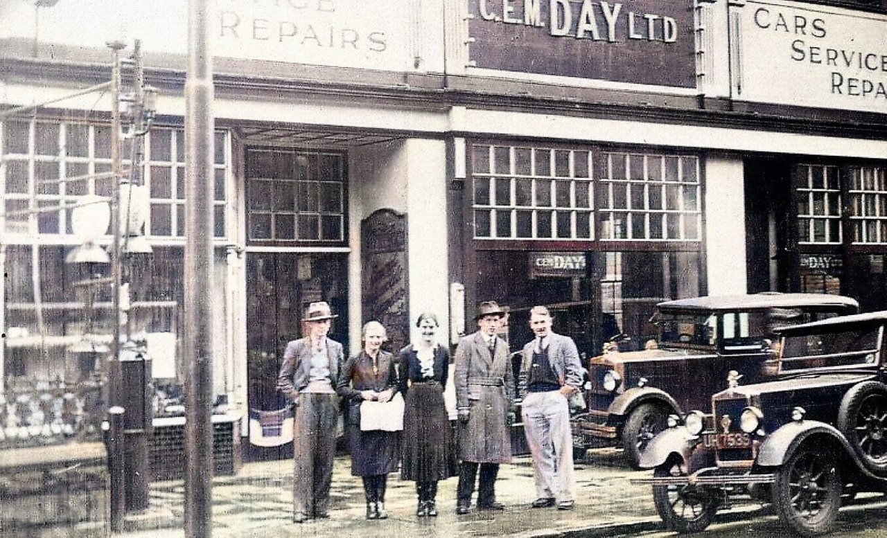 Historic black and white photo of Day’s Motor Group’s original Swansea garage in the early 20th century