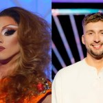 Daniel Jervis in drag wearing a bright orange dress and heavy stage makeup on the RuPaul’s Drag Race runway.