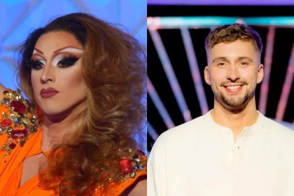Daniel Jervis in drag wearing a bright orange dress and heavy stage makeup on the RuPaul’s Drag Race runway.