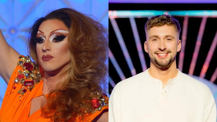 Daniel Jervis in drag wearing a bright orange dress and heavy stage makeup on the RuPaul’s Drag Race runway.